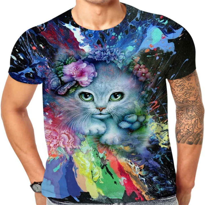 Colourful Painting Cat 3D Printed Men's T Shirts Summer Fashion Oversize Short Sleeve Cute Animal Tees Boys Girls Tops Clothes