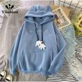 Yfashion Women Cotton Warm Sweater Cute Ears Hooded Long Sleeve Fleece Lined Loose Coat Fashion Casual Pullover Top. 