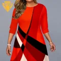 Women Dress Stylish Geometric Print Party Midi Dress Plus Size Loose-fitting Round Neck Women's Fashion A-line Dress. 