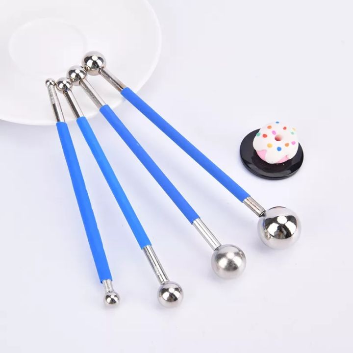 Cake Modelling Ball Tools - 4 Pcs - Blue Stainless Steel Molding Ball Stickssugar Carft Fondant Cake Decorating Kit Kitchen Accessories Polymer Clay Tool Home Cake Tools