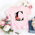 26 Black English Letters ABCD Flower Cartoon Print Children's Round Neck Short Sleeve Boys and Girls Pink T-shirt. 