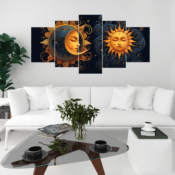 5%20Panel%20Modern%20(5%20feet)%20Home%20Decor%203D%20Wall%20Art%20Wood%20Framed%20-%20Sun%20&%20Moon%20-%20Image%202