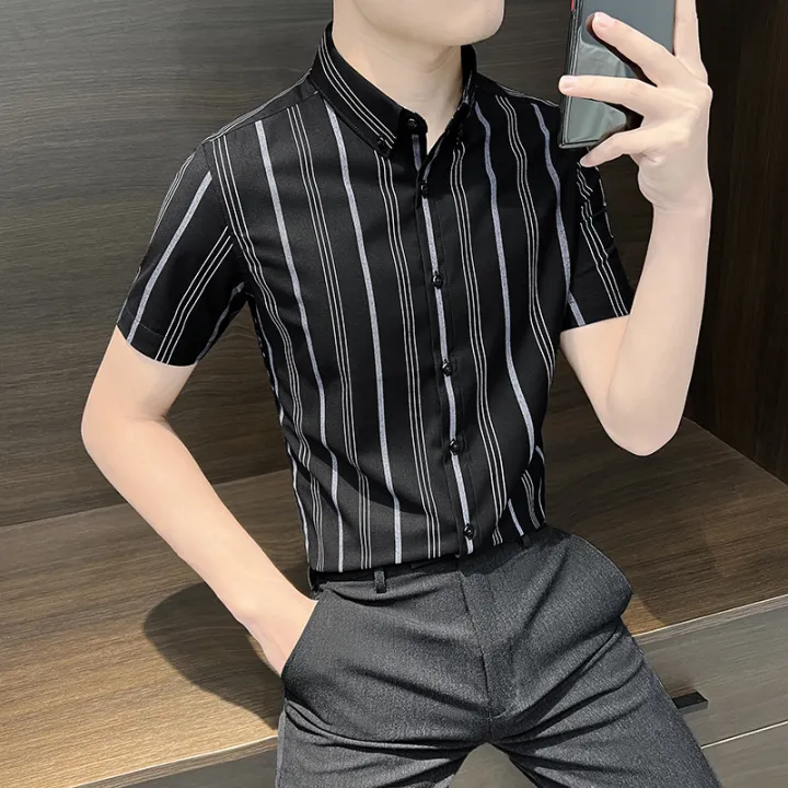 High-End%20Striped%20Short%20Sleeve%20Shirt%20Men's%20Light%20Luxury%20Business%20Men's%20Summer%20Ice%20Silk%20High-End%20Top%20Half%20Sleeve%20Shirt%20-%20Image%202