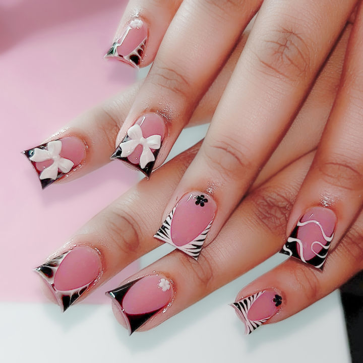 HZ147 24PCS Square Fake Nails with Zebra Print for Nail Art - Pink