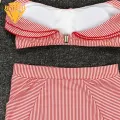 Skin-friendly Swimwear Stylish Striped Bikini Set with Ruffle Trim High Waisted Briefs for Women Push-up Padded Bra Beachwear Set 2pcs/set. 