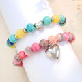 Qingwen European and American New Green Pink Colored Stone Beaded Bracelet Love Pendant Braided Rope Couple Bracelet Size Adjustment. 