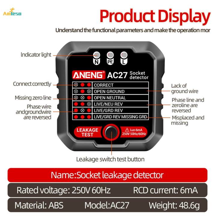 Outlet Tester Wiring Circuit Polarity Voltage Checker Socket Tester Black