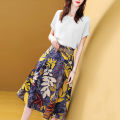 Yfashion 2 Pcs Women Skirt Suit Round Neck Short Sleeve T-shirt High Waist Floral Skirt Leisure Clothing Set color. 