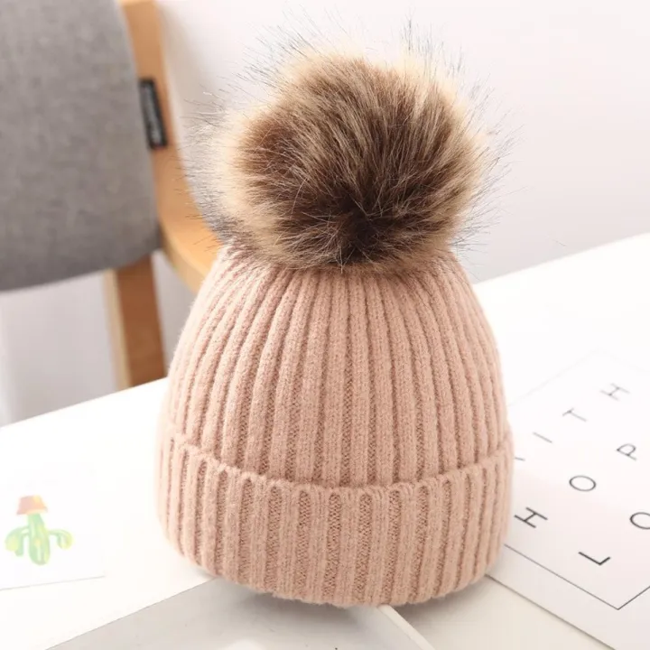 I Love Dad Pompom Kids Hat Warm Autumn Winter Children Beanie Cap Knitted Solid Color Thick Bonnet