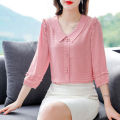 Yfashion Fashion Chiffon Tops For Women Cotton Summer Three-quarter Sleeves Doll Collar Shirt Elegant Solid Color Pullover Blouse. 