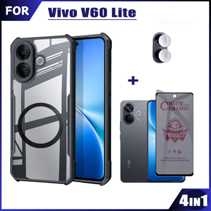 4in1 Vivo V60 Lite Acrylic Phone Case With Ring Iron Sheet Magnet For Vivo V50 Lite V40 Lite Anti-Spy Tempered Glass + Camera Lens Glass