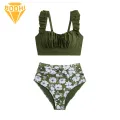 Breathable Bikini Set Flounce Shoulder Bikini Set High Waist Control Briefs Quick-dry Beachwear Swimsuit for Women 2pcs/set Bikini Set with Chest Pad. 