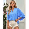 Yfashion Women Fashion Blouses Solid Color V Neck Half Sleeve Shirt Summer Stylish Loose Casual T-shirt Bottoming Top. 