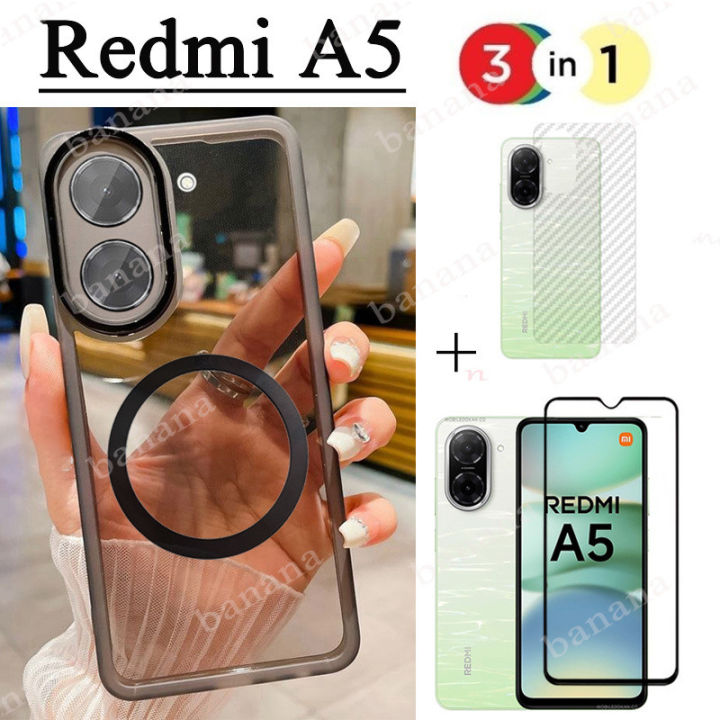 Redmi A5 Case Magnetic Sticker Shockproof Phone Case for Redmi A4 A3 14C 3in1 Tempered Glass Screen Protector+back film