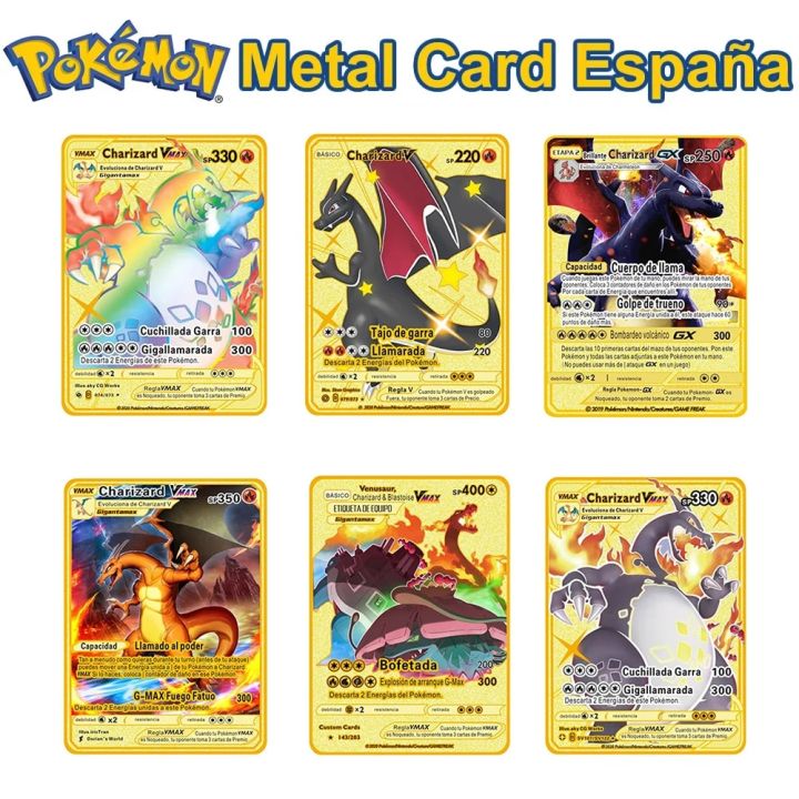 pokemon cards golden Spanish Pokemon Metal Cards Pokémon Letters Charizard Pikachu V VMAX Collection Gold Card GX Original Collection Toy Kid GiftsParty Games Crafts