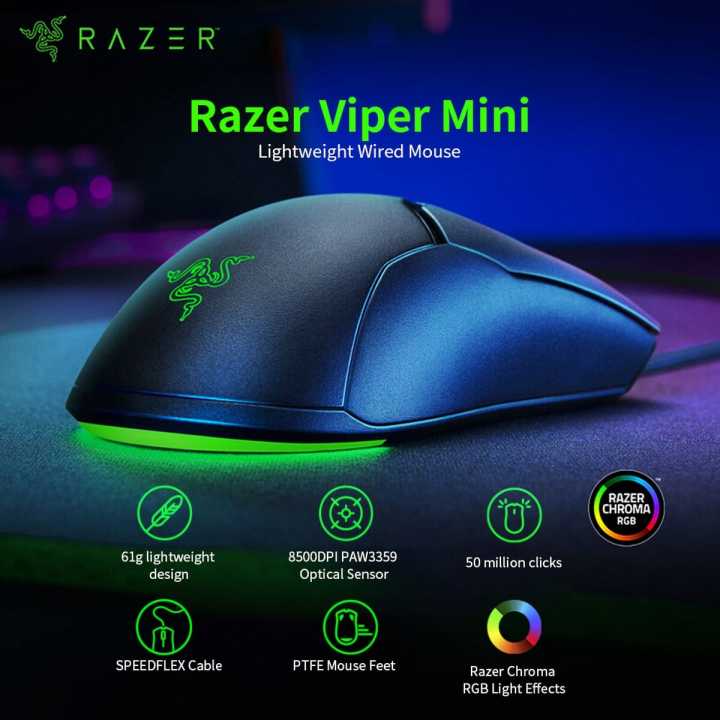 Razer Viper Mini 61g Lightweight Wired Mouse 8500DPI PAW3359 Optical Sensor Chroma RGB Gaming Mice SPEEDFLEX Cable(100% Original)