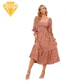 Lady Long Dress Floral Print Square Neck Midi Dress Long Sleeve A-line Spring Fall Dress for Women Backless Patchwork Hem Pleated Dress with Elastic Bust Fashion Spring Chiffon Dress. 