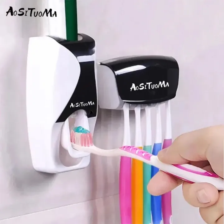 Toothbrush Toothpaste Stand Holder Bathroom Storage Organizer Automatic Toothpaste Dispenser With Toothbrush Holder Squeezer Kit Automatic Toothpaste Dispenser Wall Mount Toothbrush Holder 5 Toothbrush Slot With Dustproof Cover
