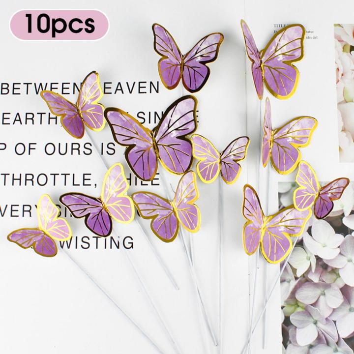 10pcs Butterfly Cake Toppers Sequin Purple Pink Butterflies Cake Decoration Card for Wedding Girls Happy Birthday Party Decors
