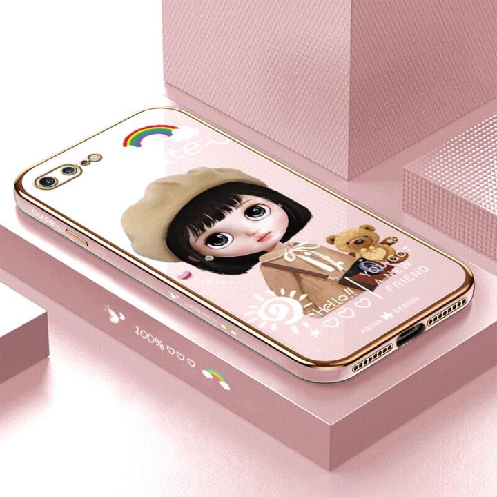 Hontinga Case for iPhone 7 Plus 8 Plus Luxury 6D Plating Cute Satchel Girl Side Printing Soft Back Cover Silicone Square Frame Shiny Bling Phone Cases Daraz.lk