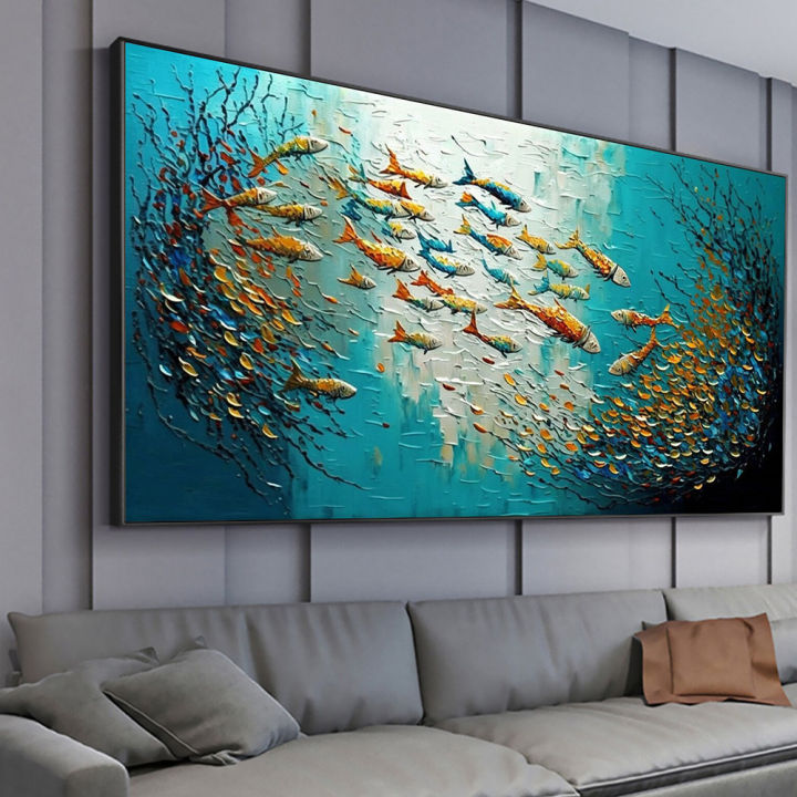 Abstract Blue Sea Fish Canvas Painting Nordic Art Graffiti Large Size ...