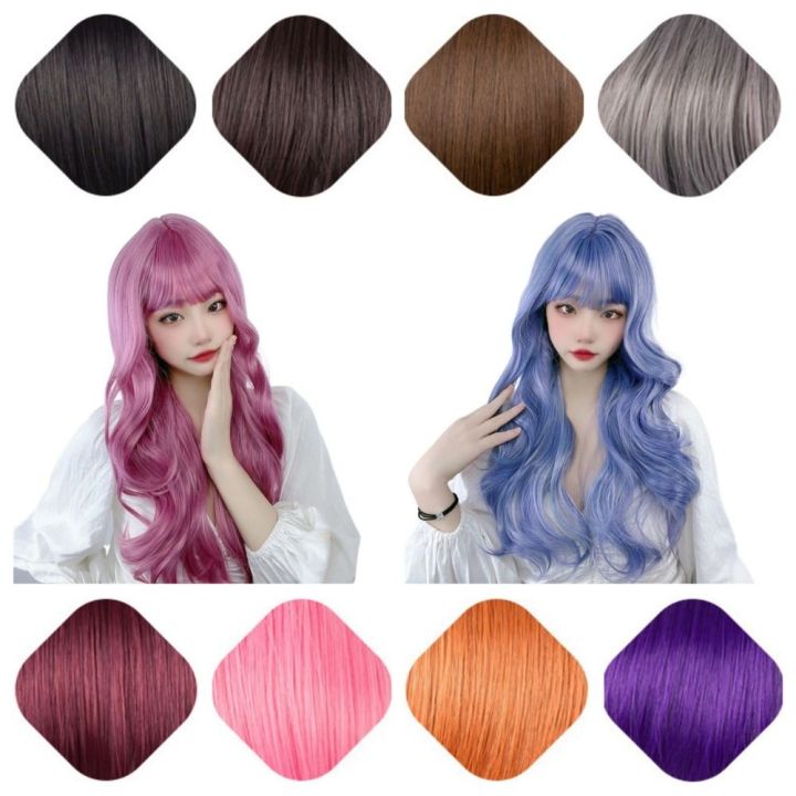 Heat Resistant Cosplay Lolita Wigs Sweet Curly Halloween Party Synthetic Wigs with Bangs Pink Breathable Long Wavy Wig for Women