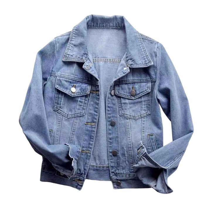 DESCENTE Women Denim Jacket Stylish Denim Jacket for Women Trendy Hip Hop Streetwear Coat with Chest Pockets Slim Fit Turn-down Collar Long Sleeve Single-breasted Design Fashionable Lady's Outerwear on Retro