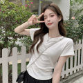 Fashionable Hot Girl Short T-shirt 2025 Summer New Style Back Hollow Design Slim Pleated Waist Short-sleeved Top. 
