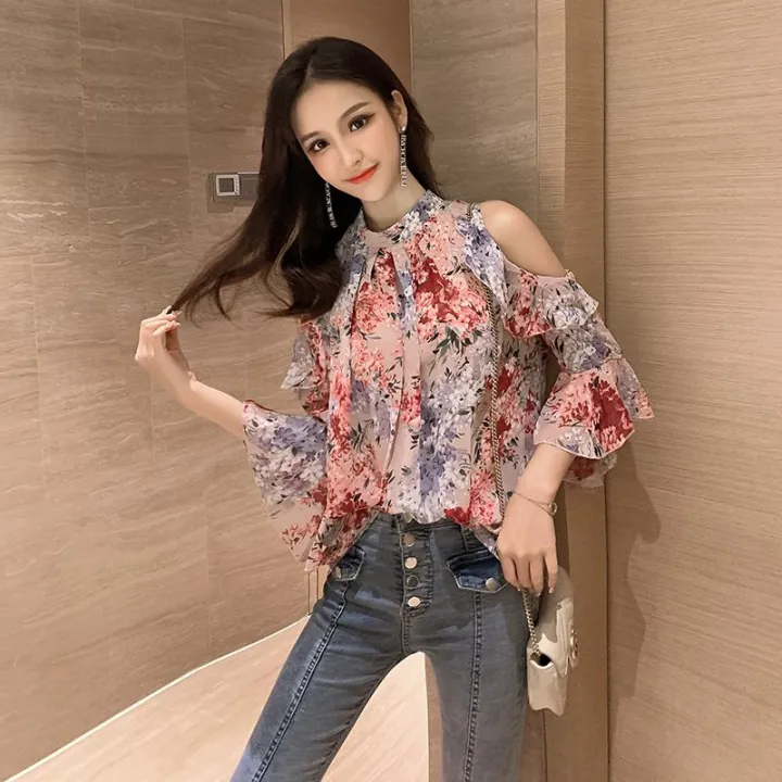 off-the-Shoulder%20Floral%20Chiffon%20Blouse%20Women's%20Summer%20Wear2023New%20Fashionable%20Korean%20Style%20Temperament%20Shirt%20Loose%20Bell%20Sleeve%20Top%20-%20Image%207