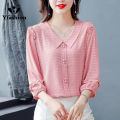 Yfashion Fashion Chiffon Tops For Women Cotton Summer Three-quarter Sleeves Doll Collar Shirt Elegant Solid Color Pullover Blouse. 