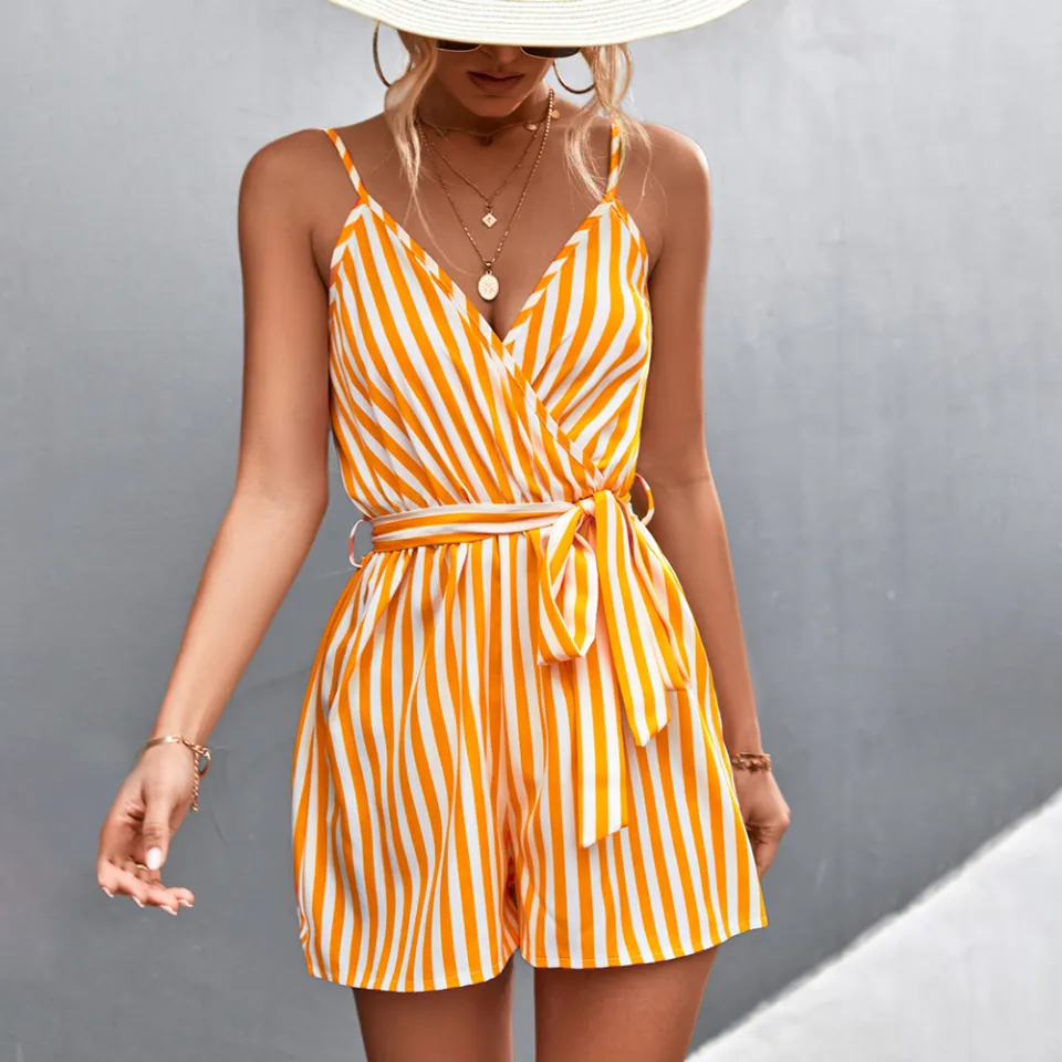 Yfashion Women Stripe Print V Neck Beach Shorts Romper Jumpsuit With Belt Sexy Fashion Suspender Jumpsuit For Beach Party Daraz.lk