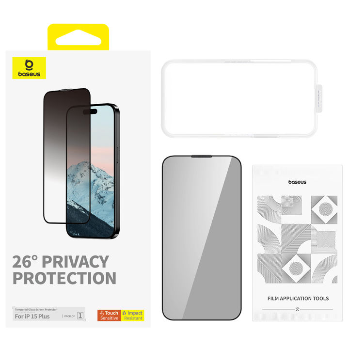 Baseus Diamond Series for iPhone 15 Plus Full-Coverage Privacy Protection Tempered Glass Screen Protector, Clear (Pack of 1, with cleaning kit and EasyStick installation tool)