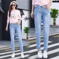Waist Ripped ′ White Loose Pants ﹉ Kuanxue Korean Fashion Denim Ninth Points … Pants ︹ Women's Drawstring Pants Spring and Autumn Tight {. 