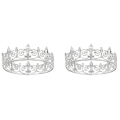 2X Royal Crown for Men - Metal Prince Crowns And Tiaras,Full Round Birthday Party Hats,Medieval Accessories(Silver). 