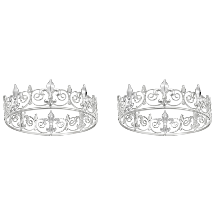 2X Royal Crown for Men - Metal Prince Crowns And Tiaras,Full Round Birthday Party Hats,Medieval Accessories(Silver)