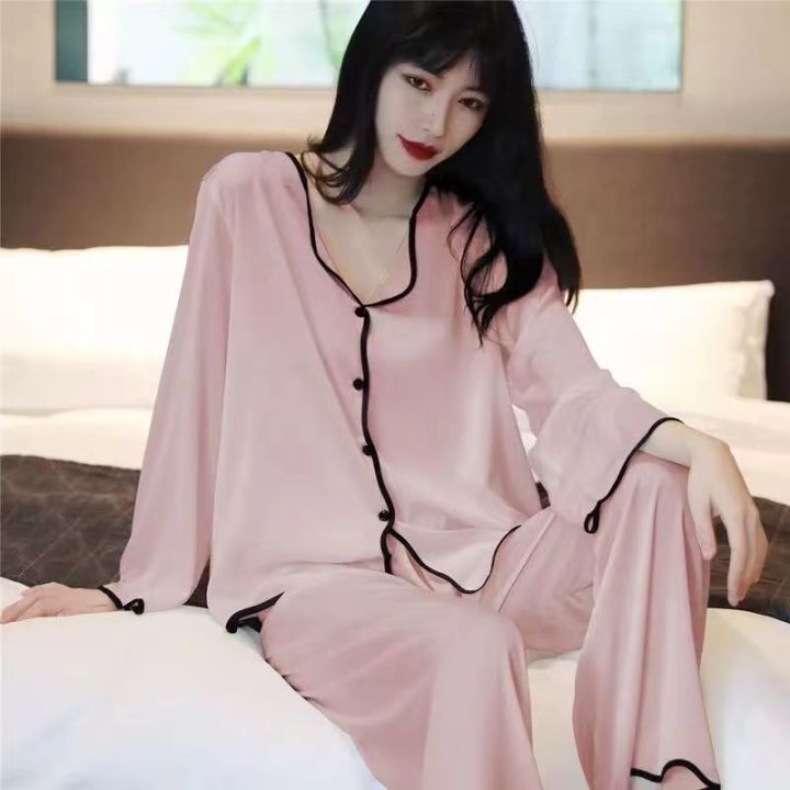 Black%20and%20White%20Simple%20Pajamas%20Women's%20Summer%20Milk%20Silk%20Thin%202024%20New%20Long%20Sleeve%20Internet%20Celebrity%20Home%20Wear%20Two-Piece%20Suit%20-%20Image%202