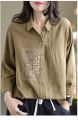 Yfashion Women Cotton Long Sleeves Blouse Trendy Retro Solid Color Embroidery Shirt Loose Single Breasted Cardigan Tops. 