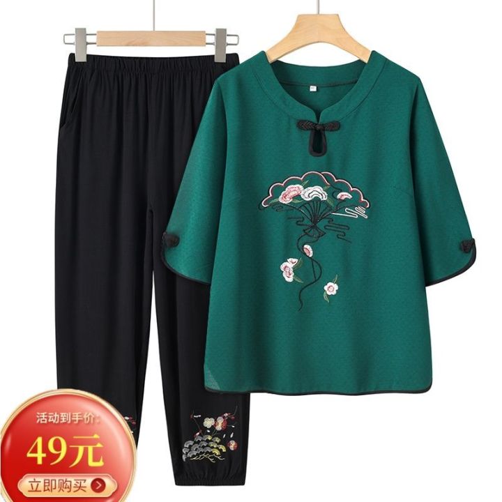 100%25%20Cotton%20Middle-Aged%20and%20Elderly%20Women's%20Dress%20Fashion%20National%20Style%20Embroidery%20Suit%20Female%20Summer%20Half%20Sleeve%20Top%20Two-Piece%20Pants%20-%20Image%205