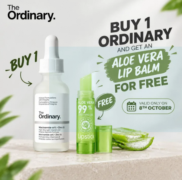 Buy 1 Ordinary Niacinamide 10% + Zinc 1% 30ml and get an Aloe Vera Lip balm for free (Valid only on the 8th of October)