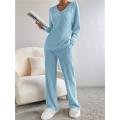 Womens Ribbed Knit 2 Piece Sets Long Sleeve Sweater and Wide Leg Pants Loungewear Pajamas Set. 