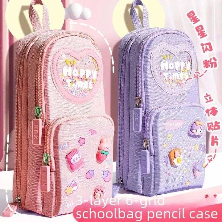 【HOT】 Large Capacity Three-Layer Pencil Bag Simple Cute Cartoon Design For Primary School Girls High Value Women's Stationery