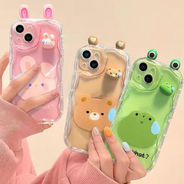 Casing For OPPO A18 A98 A78 A58 A79 5G A58 A38 4G A94 F17 F19 F11 F9 Reno 5 6 7 4 Pro Phone Case Soft Silicone Wavy Texture 3D Cute Rabbit Bear Frog Ear Doll Cute INS Back Cover Camera Protective TPU Shockproof Cartoon Luxury Full Protection