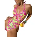 Women One-piece Halterneck Bikini Swimsuit Printed Padded Hollow Sleeveless Backless Bodysuit Attractive Beachwear. 
