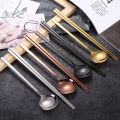 【HOT】 Korean Long Handle Chopsticks Spoon Cutlery Set Reusable Stainless Steel Non-Slip Sushi Sticks Food Soup Spoon Dinnerware Set. 