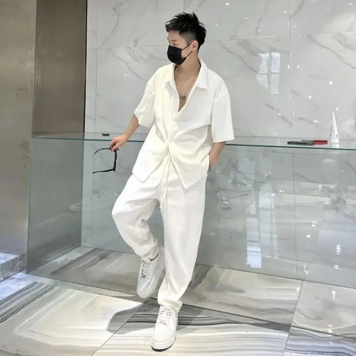 Men's%20Full%20Set%20One%20Entire%20Outfit%20ins%20Hong%20Kong%20Style%20Loose%20Short%20Sleeve%20Shirt%20Casual%20Trousers%20Summer%20Two-Piece%20Suit%20Tide%20-%20Image%202