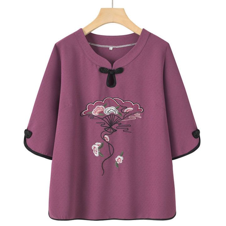 100%25%20Cotton%20Middle-Aged%20and%20Elderly%20Women's%20Dress%20Fashion%20National%20Style%20Embroidery%20Suit%20Female%20Summer%20Half%20Sleeve%20Top%20Two-Piece%20Pants%20-%20Image%202