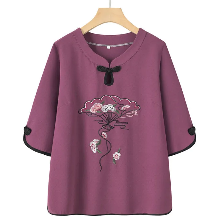 100%25%20Cotton%20Middle-Aged%20and%20Elderly%20Women's%20Dress%20Fashion%20National%20Style%20Embroidery%20Suit%20Female%20Summer%20Half%20Sleeve%20Top%20Two-Piece%20Pants%20-%20Image%207