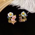 Bridal Daisy Flower Korean INS Women Stud Earring Drip Glaze Wedding French Party Asymmetry Stud Earrings Girls Elegant Ladies. 