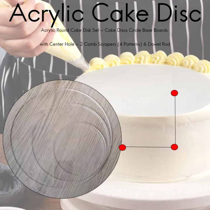 Acrylic%20Round%20Cake%20Disk%20Set%20-%20Cake%20Discs%20Circle%20Base%20Boards%20with%20Center%20Hole%20-%202%20Comb%20Scrapers%20(4%20Patterns)%20&%20Dowel%20Rod%20-%20Image%202