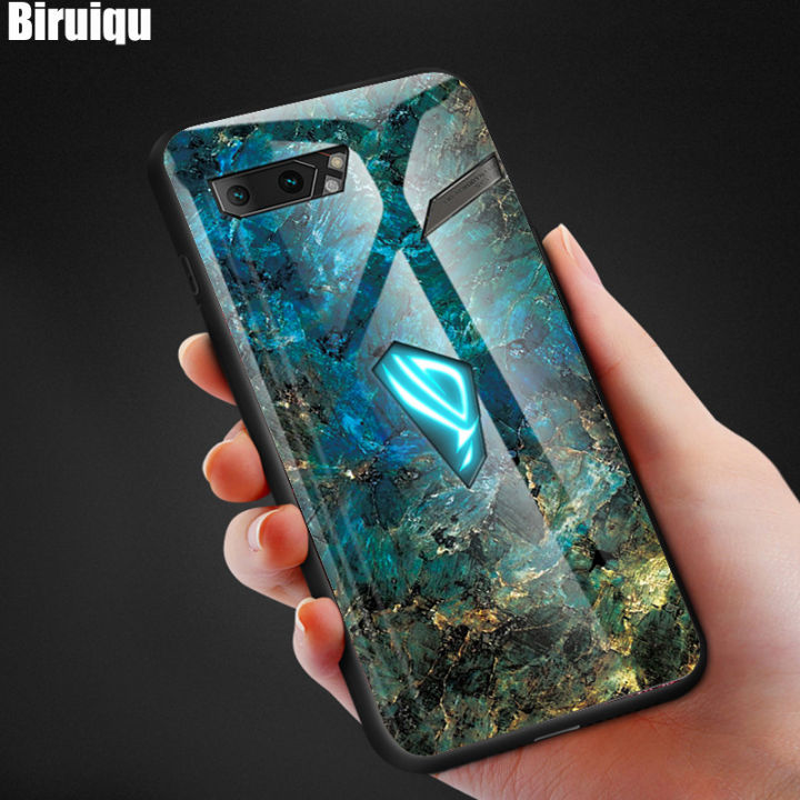Biruiqu For ASUS ROG Phone 2 ROG 2 ZS660KL Shockproof Fashion Marble Tempered Glass Back Case Cover